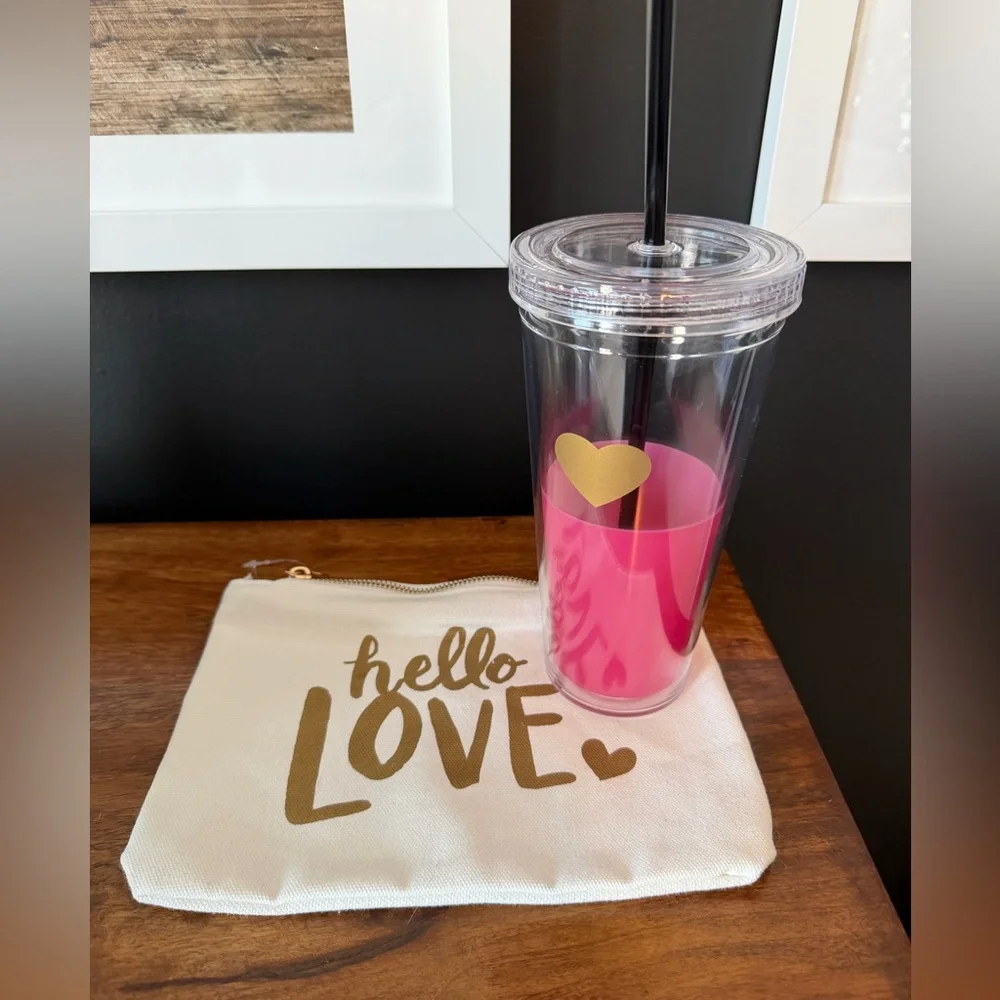 Pink Tumbler with Gold Heart and Pouch